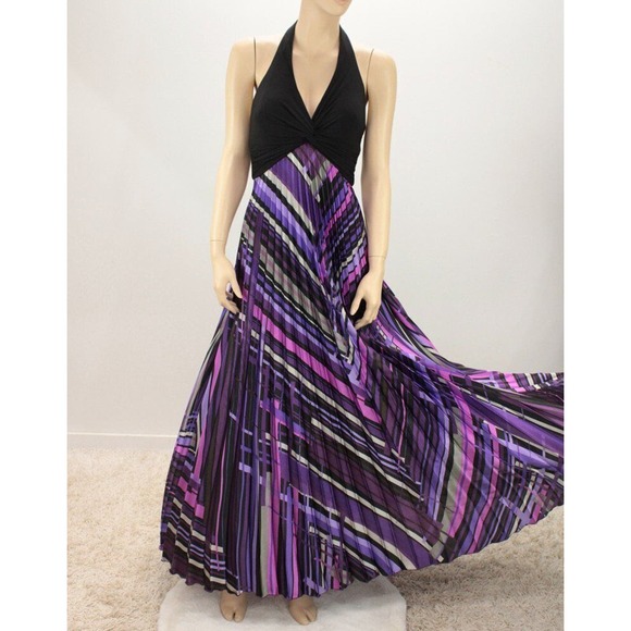 Betsy Adam Linda Bernell Maxi Halter Dress Pleated Satin Purple Chevron Stripes - Picture 1 of 11